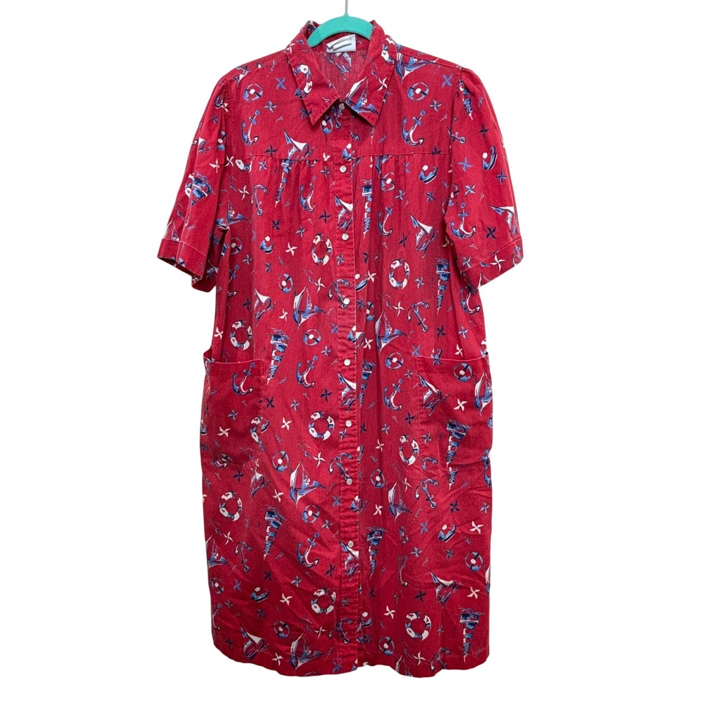 Vintage Nautical House Dress Womens XL Red Anchor Sailboat Button Front Pocket